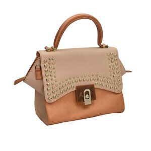 Sharif Handbag Satchel Peach Beige Leather Gold Studded Trapezoid Top Handle Bag